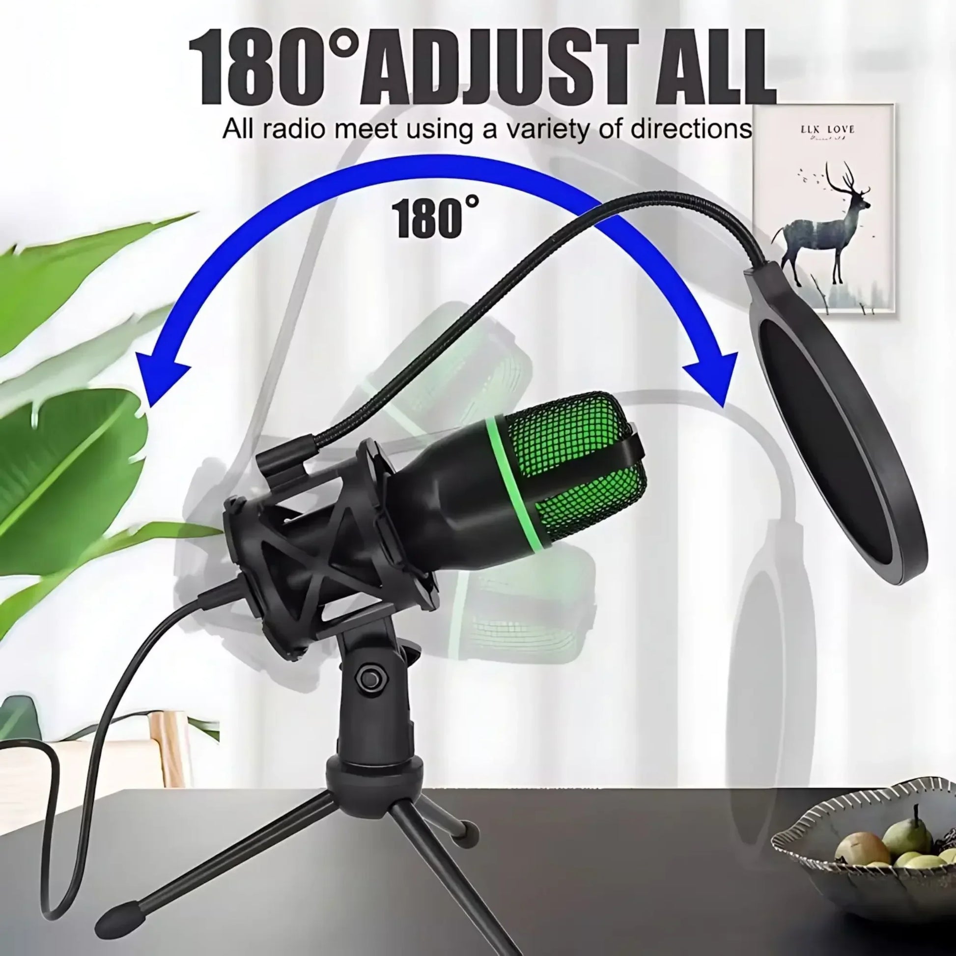 Black professional condenser microphone with green mesh grille and pop filter for streaming YouTube podcasts recording
