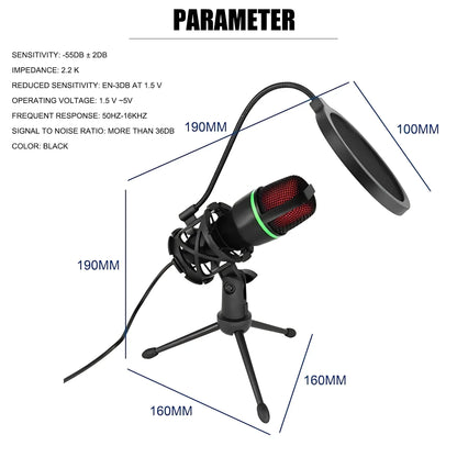 Professional condenser microphone kit with red mesh grille and rgb lighting on black tripod stand for streaming youtube podcasts