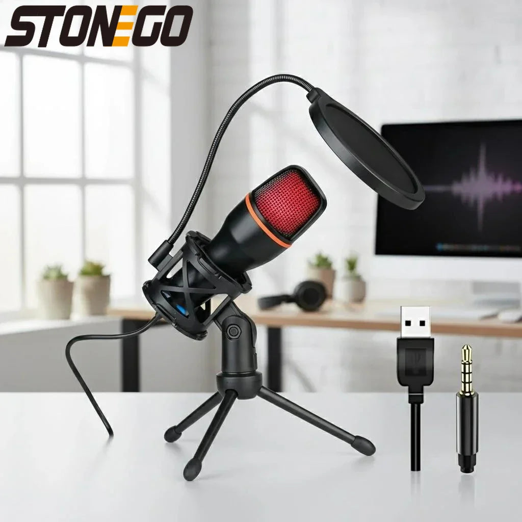 Black stonego professional condenser microphone with red mesh grille and orange accent on tripod for streaming youtube podcasts