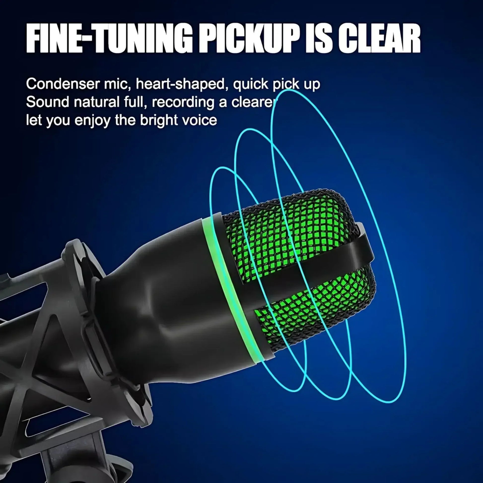 Heart-shaped professional condenser microphone with black body green mesh grille and rgb lighting for streaming youtube podcasts