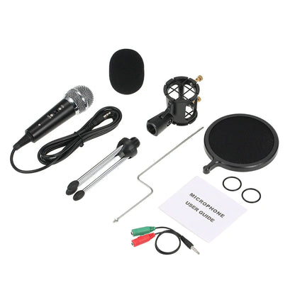 Black professional condenser microphone with silver mesh grille and control buttons for recording mic microphones use