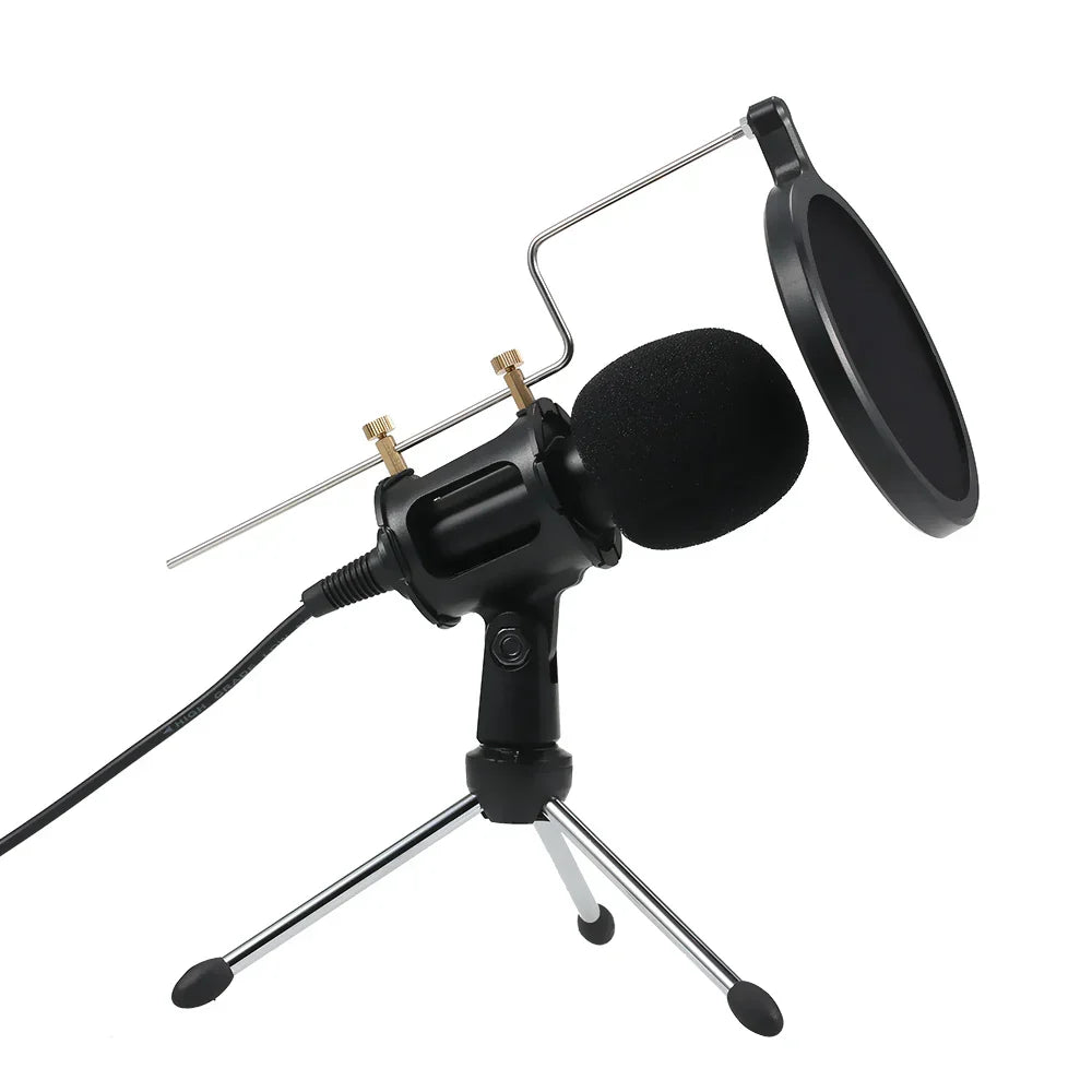 Black professional condenser microphone with pop filter and mini tripod stand for recording mic microphones use