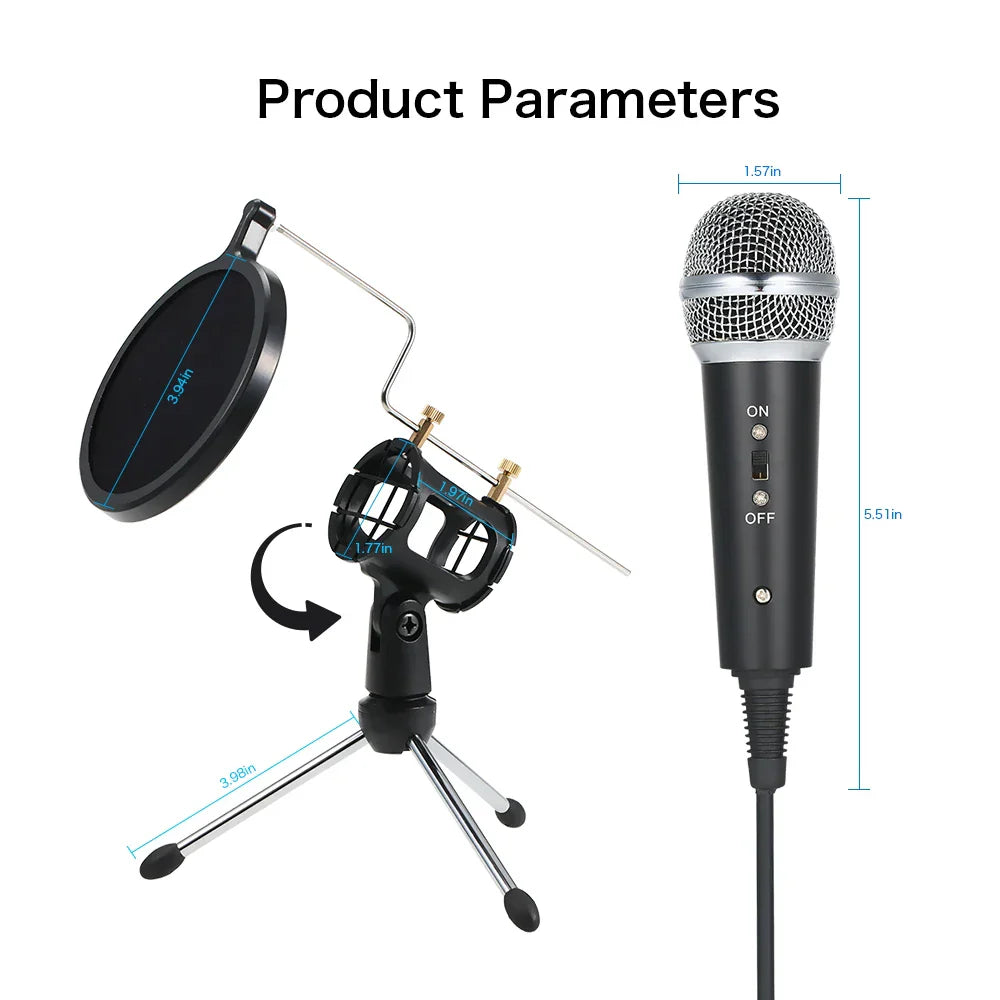 Black and silver professional condenser microphone with mesh grille mounted on tripod stand with pop filter for recording mic microphones