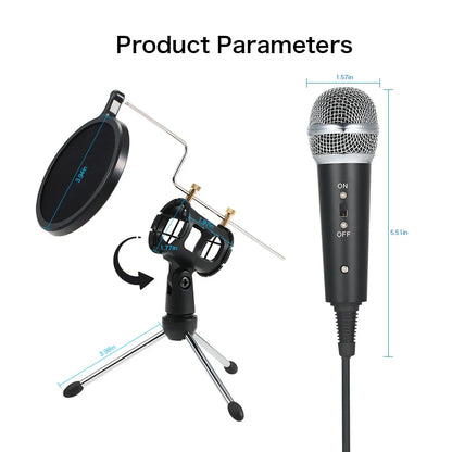 Black and silver professional condenser microphone with mesh grille mounted on tripod stand with pop filter for recording mic microphones