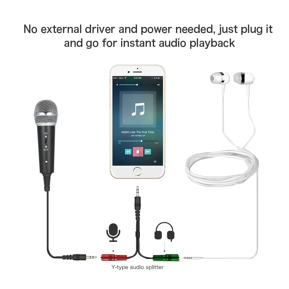 Black and silver professional condenser microphone with mesh grille connected to y-type audio splitter for recording mic microphones