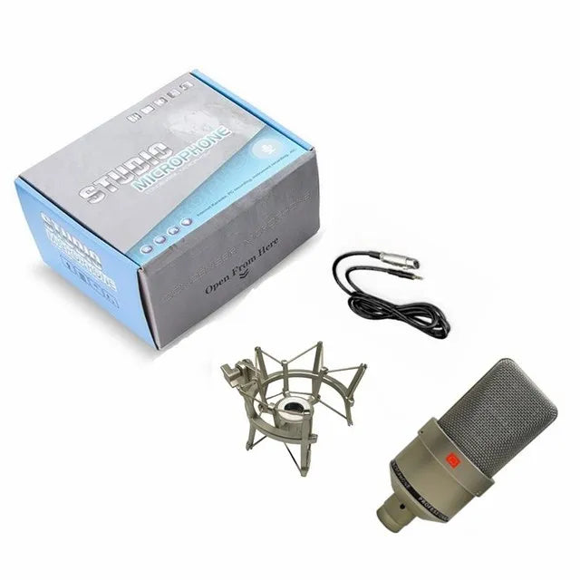 Professional condenser microphone with metallic grille and olive green body for laptop computer mic karaoke singing streaming