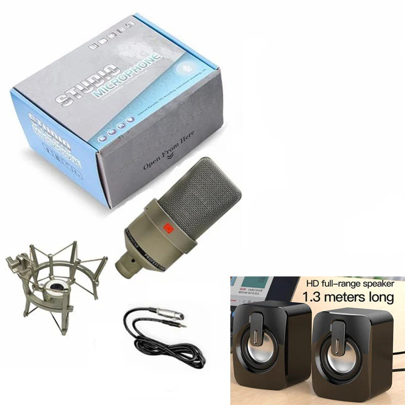 Olive green professional condenser microphone with mesh grille and red led for laptop computer mic karaoke singing streaming