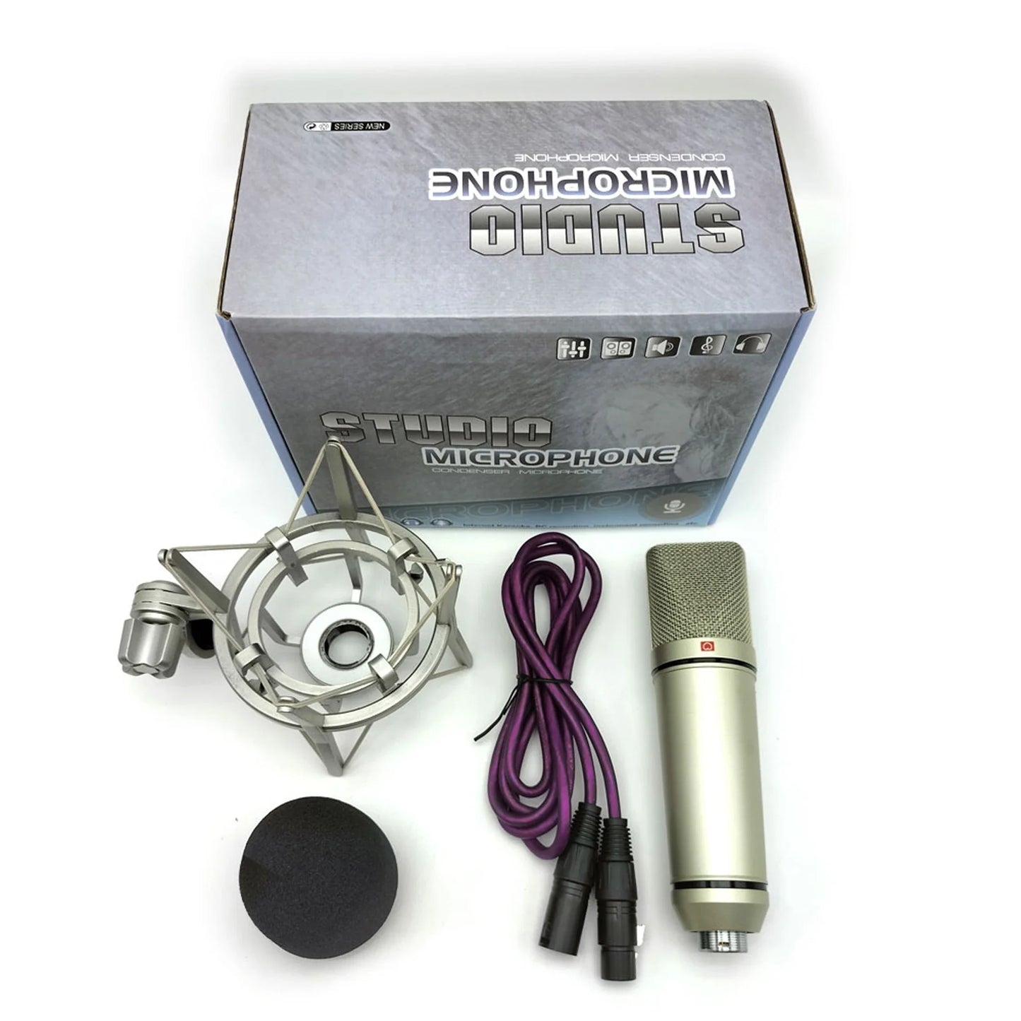Silver professional condenser microphone with mesh grille, black foam windscreen, shock mount, and purple cable for karaoke singing streaming and laptop computer mic use