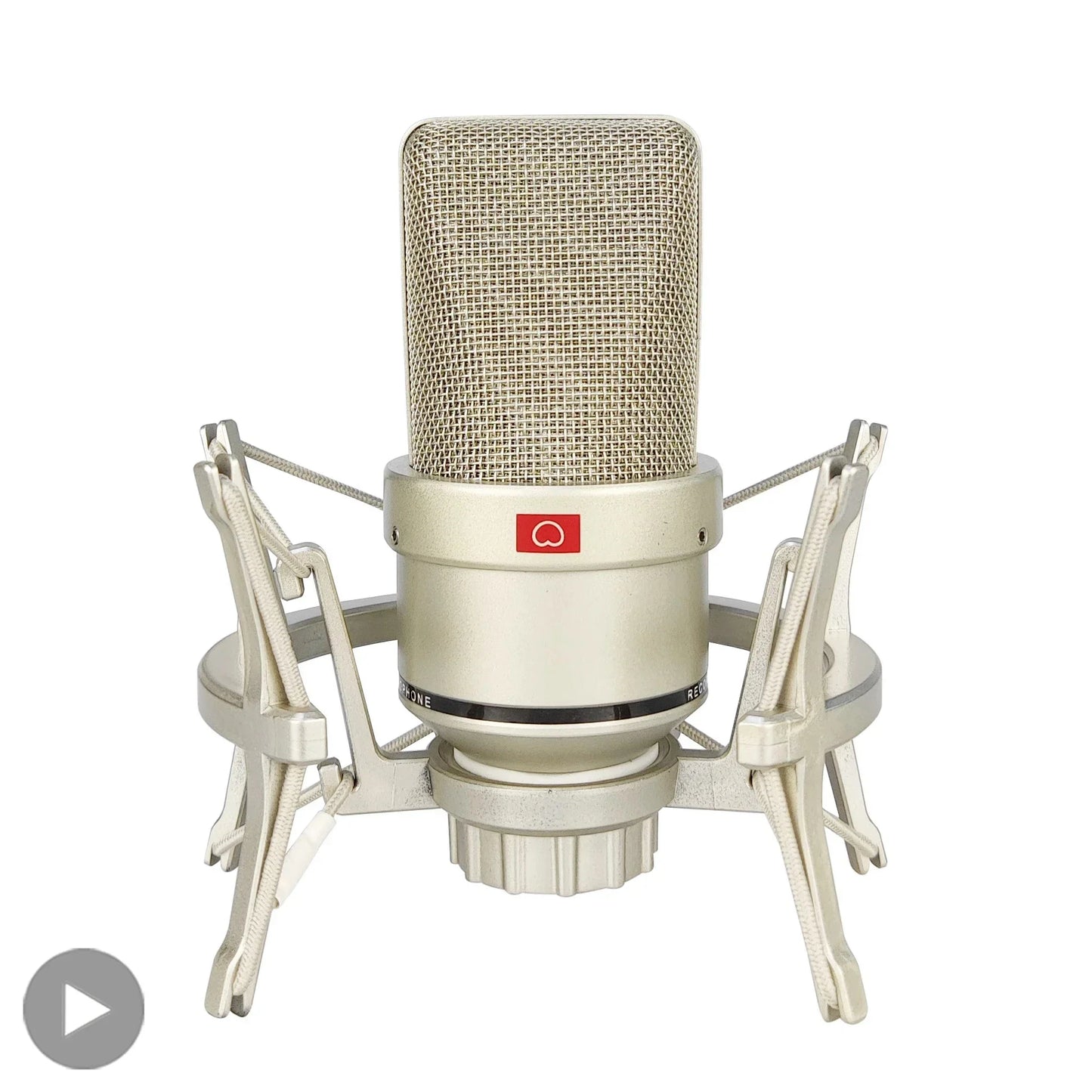 A vintage-style silver professional condenser microphone with fine mesh grille and red logo for karaoke singing streaming on laptop computer mic