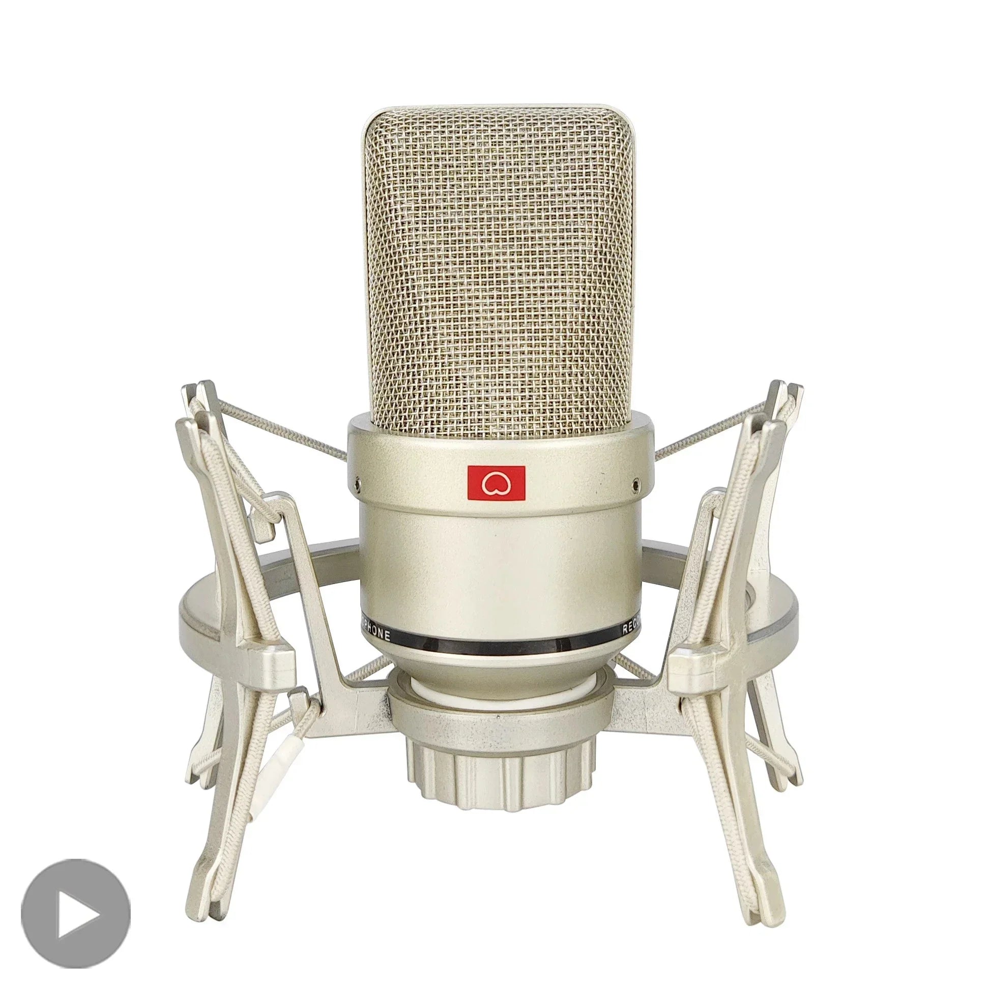 A vintage-style silver professional condenser microphone with fine mesh grille and red logo for karaoke singing streaming on laptop computer mic