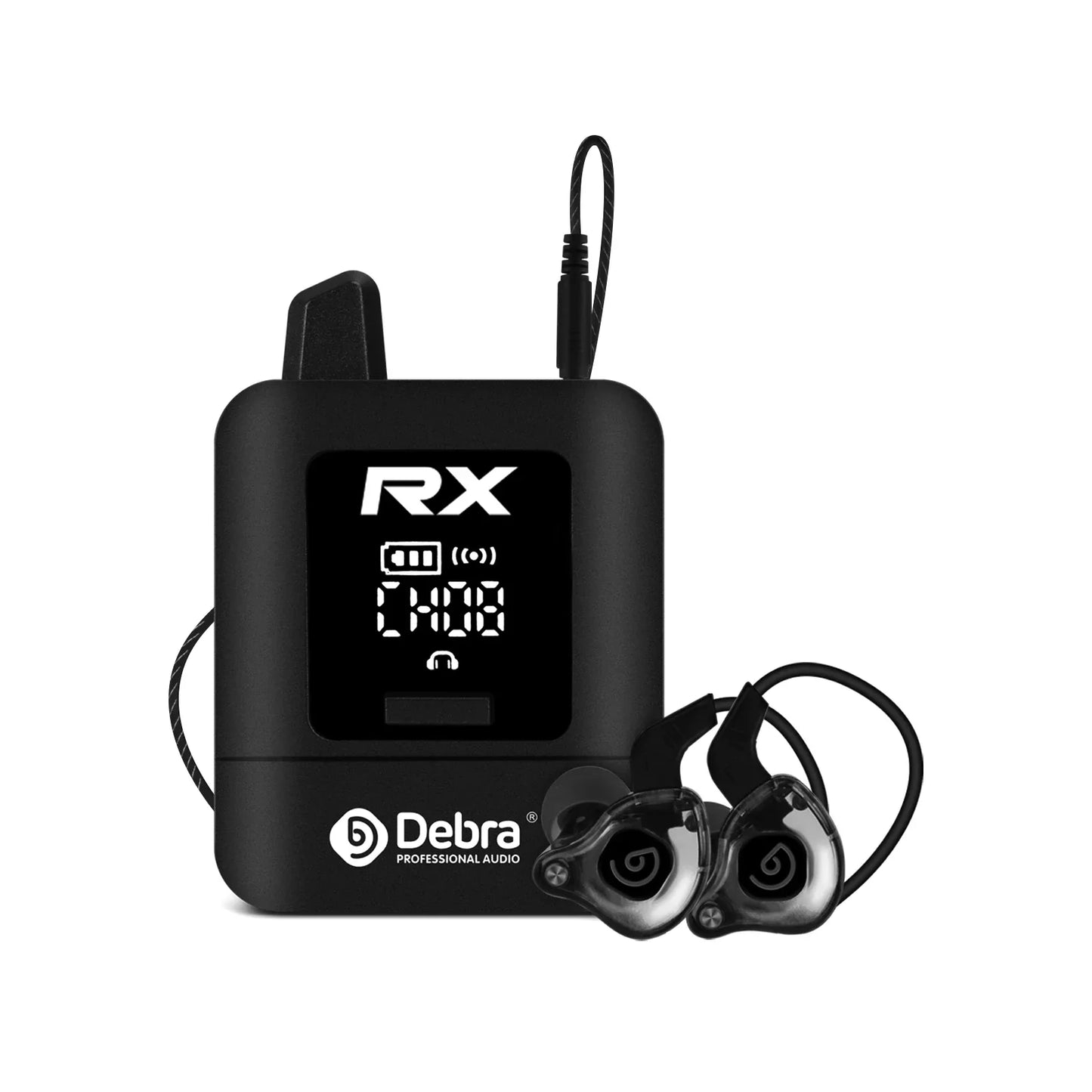 Black professional debra st-mini uhf wireless iem with rechargeable in-ear monitor system and digital display