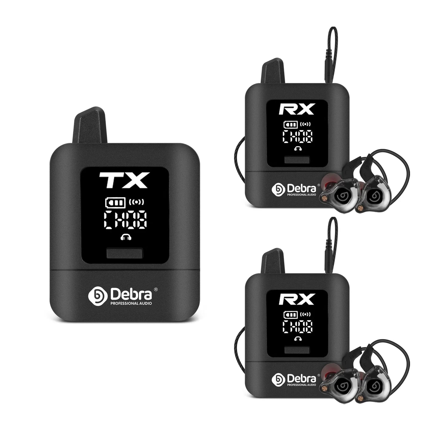 Black professional debra st-mini uhf wireless iem system with digital display and rechargeable in-ear monitor earpiece
