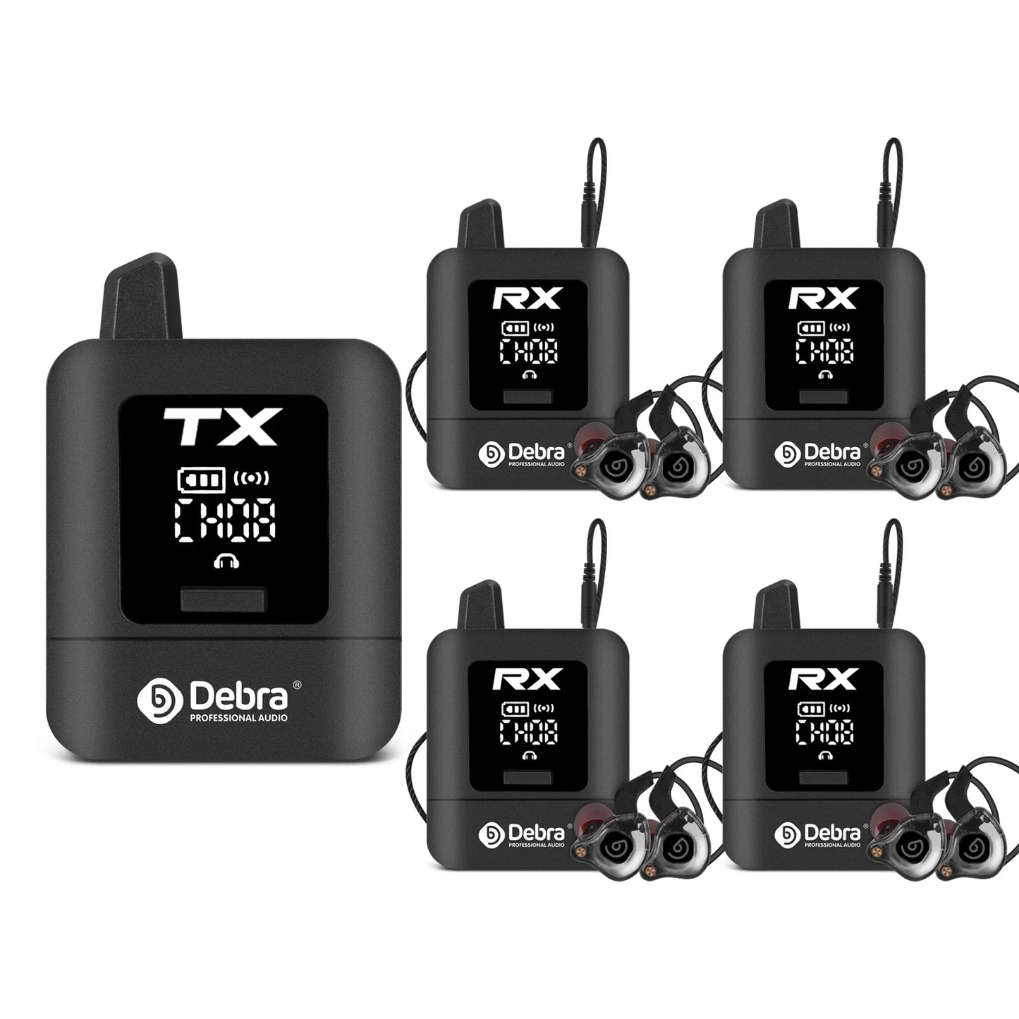 Black debra professional debra st-mini uhf wireless iem system with rechargeable in-ear monitor tx and four rx units with earpieces