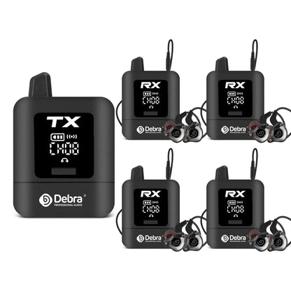Black debra professional debra st-mini uhf wireless iem system with rechargeable in-ear monitor tx and four rx units with earpieces
