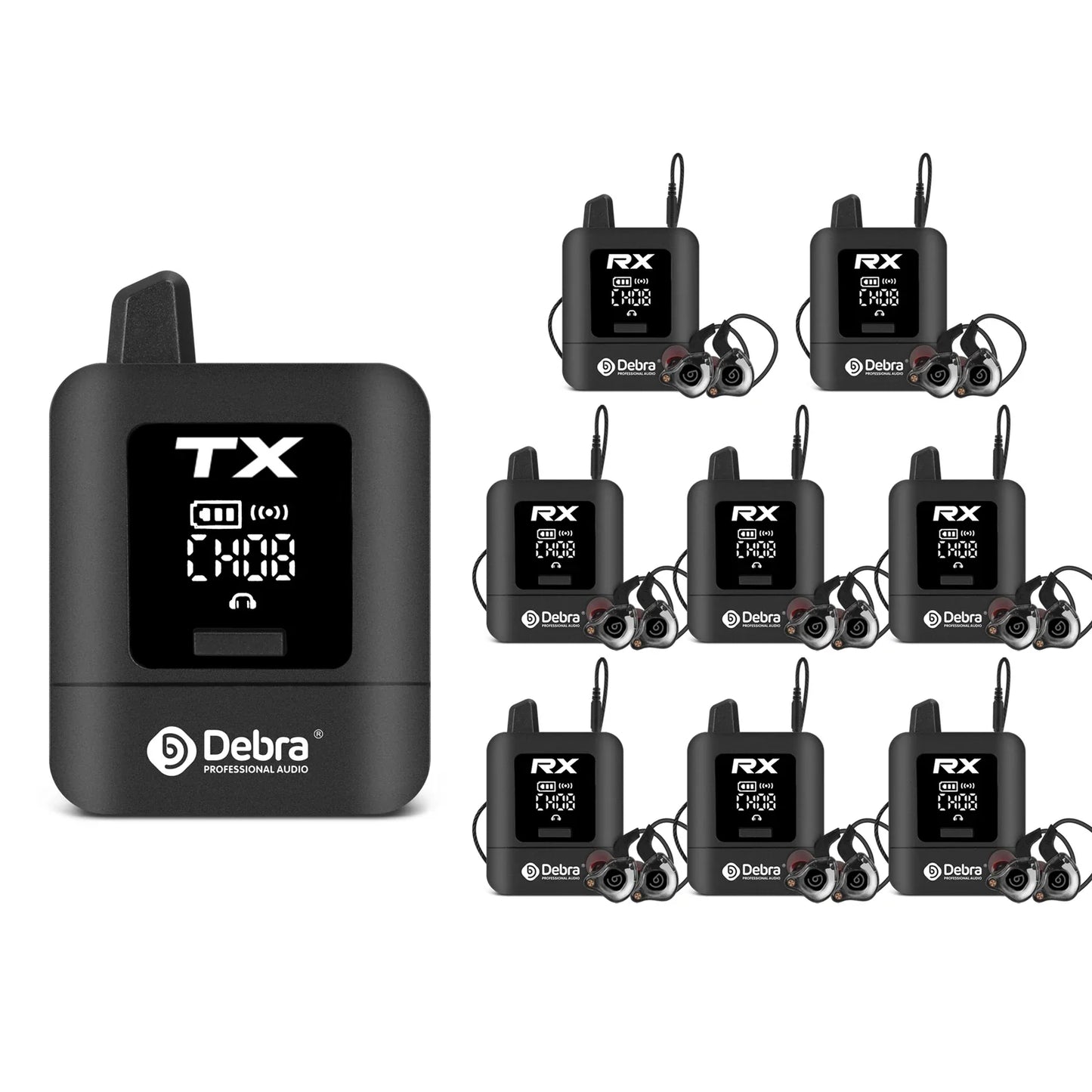 Black professional debra st-mini uhf wireless iem system with rechargeable in-ear monitor and six paired headset mics