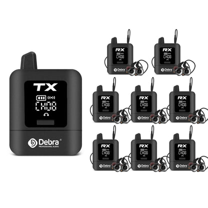 Black professional debra st-mini uhf wireless iem system with rechargeable in-ear monitor and six paired headset mics