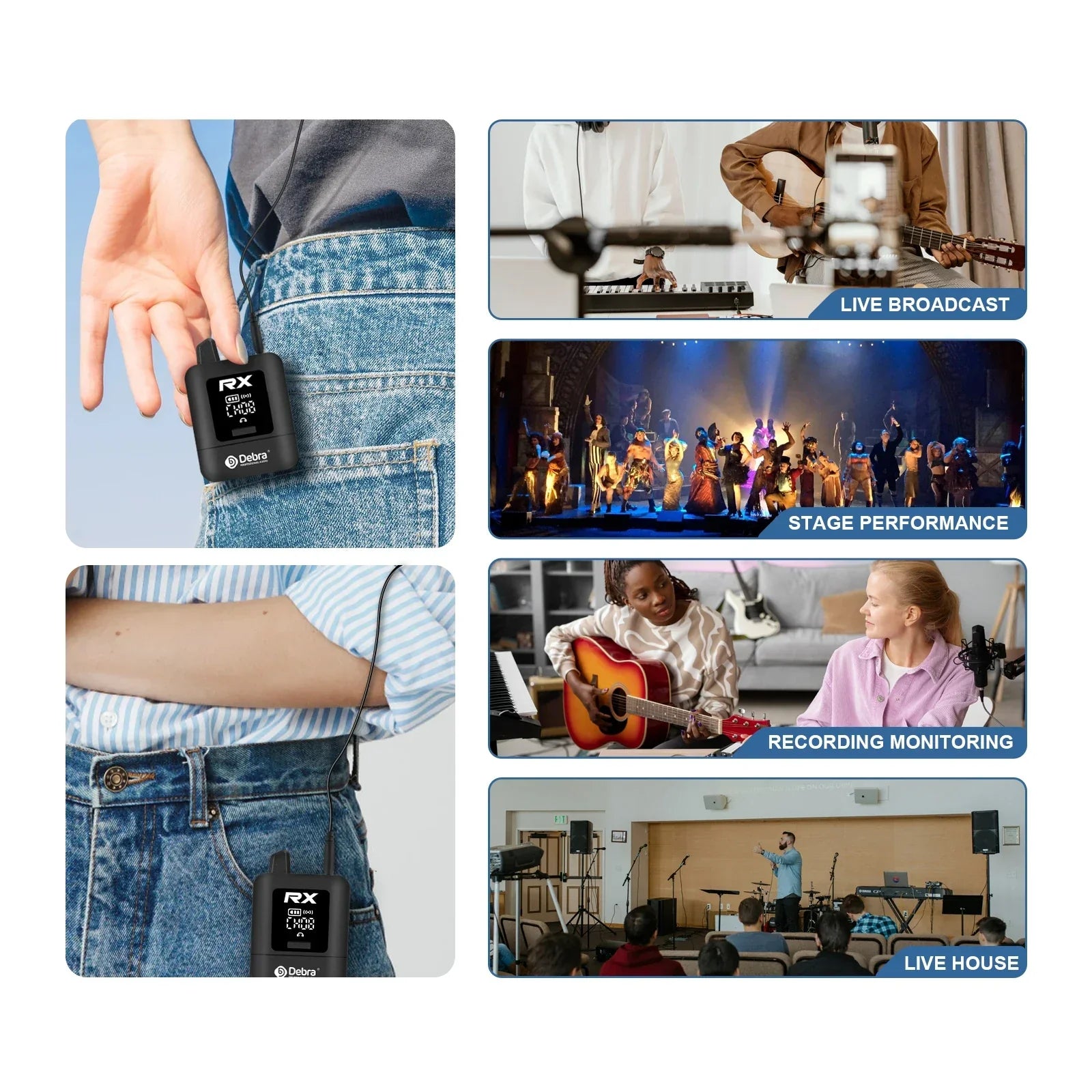 Black professional Debra ST-mini UHF wireless IEM receiver with digital display and antenna worn for live performance use