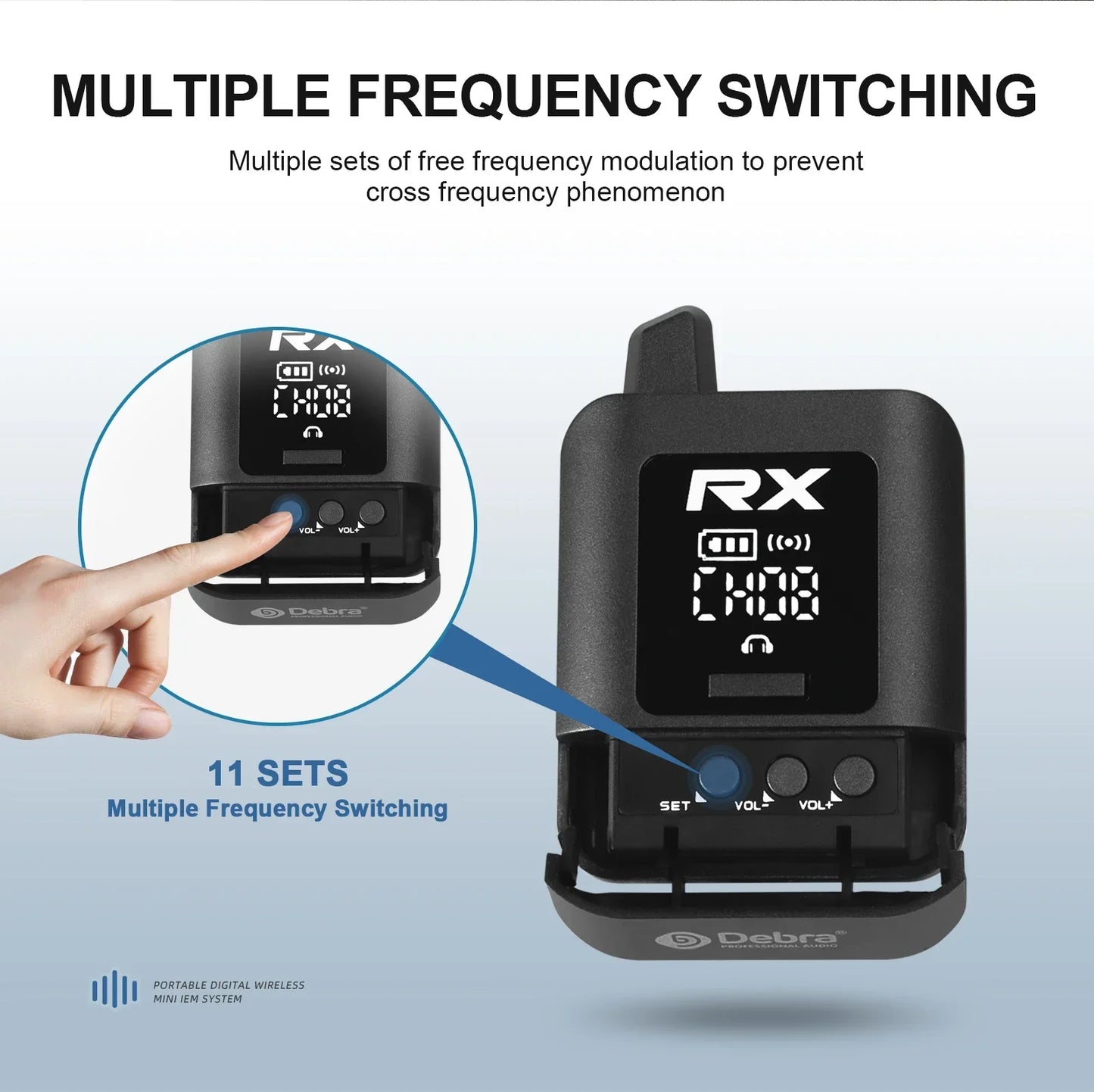 Black professional debra st-mini uhf wireless iem system with digital display rechargeable in-ear monitor for musicians