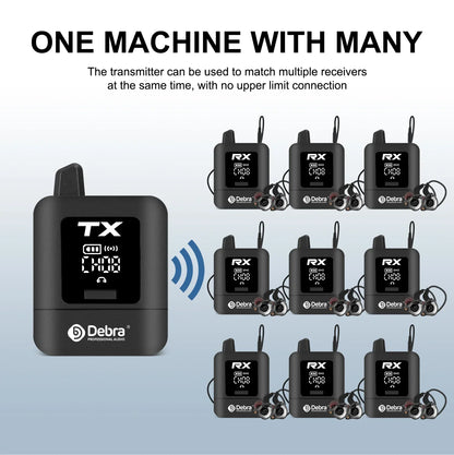 Black professional debra st-mini uhf wireless iem transmitter with digital display and multiple rechargeable in-ear monitor receivers