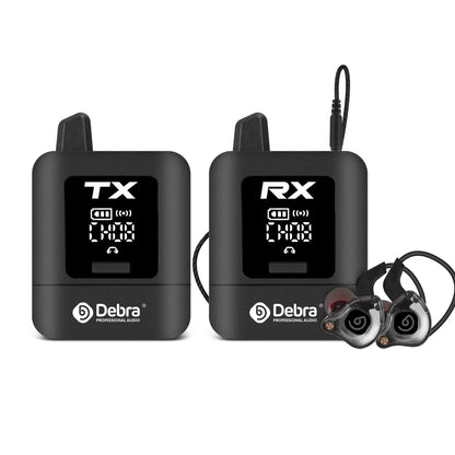 Black professional debra st-mini uhf wireless iem system with tx rx transmitters and rechargeable transparent in-ear monitor