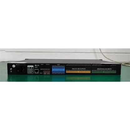 Black professional digital audio processor board with color-coded xlr rca connectors for conference speaker management