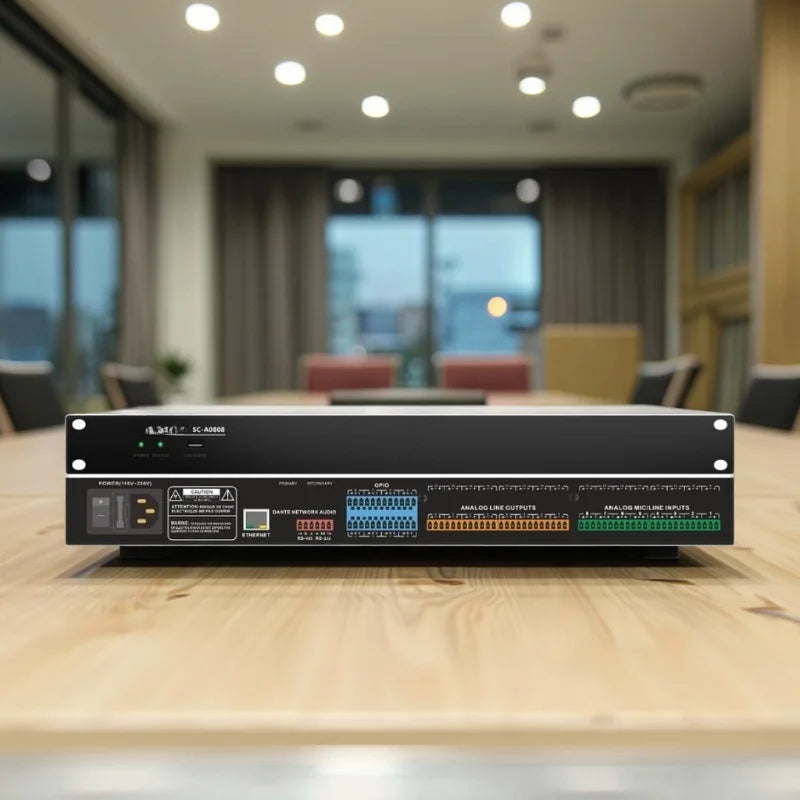 Black professional digital audio processor board with 8 inputs 8 outputs labeled ports and indicator lights for conference speaker management
