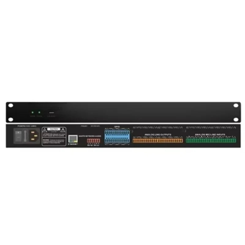 Black rack-mount professional digital audio processor with color-coded xlr and rca connectors for conference speaker management