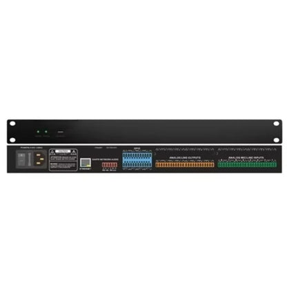 Black rack-mount professional digital audio processor with color-coded xlr and rca connectors for conference speaker management