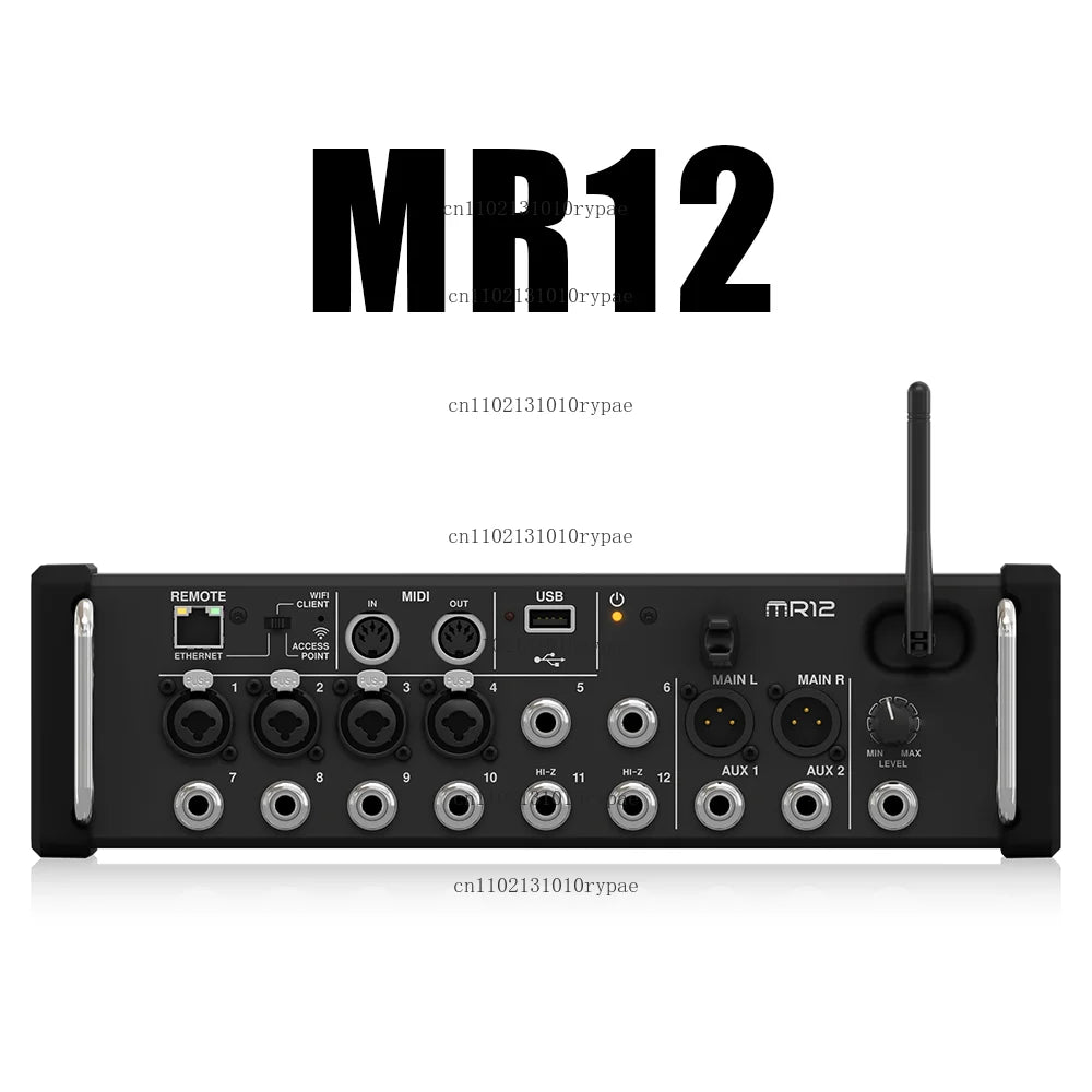 Black Behringer MR12 professional digital mixing console with multiple input/output ports and wireless antenna for studio use