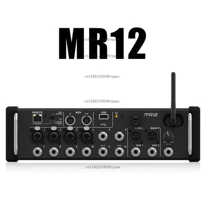 Black Behringer MR12 professional digital mixing console with multiple input/output ports and wireless antenna for studio use
