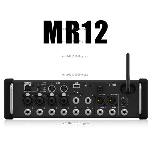 Black Behringer MR12 professional digital mixing console with multiple input/output ports and wireless antenna for studio use