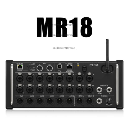 Black behringer professional digital mixing console mr18 with multiple input output ports and wireless antenna for studio use