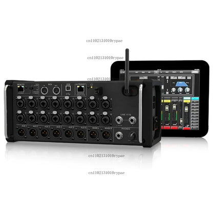 Black professional digital mixing console mr18 with multiple ports wireless antenna and touchscreen for studio recording use
