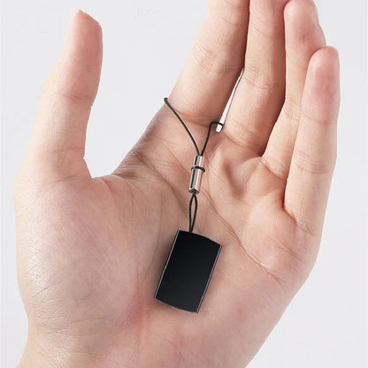 Black rectangular phone strap with silver metal clasp and black cord for professional dictaphone ultra voice activated audio use