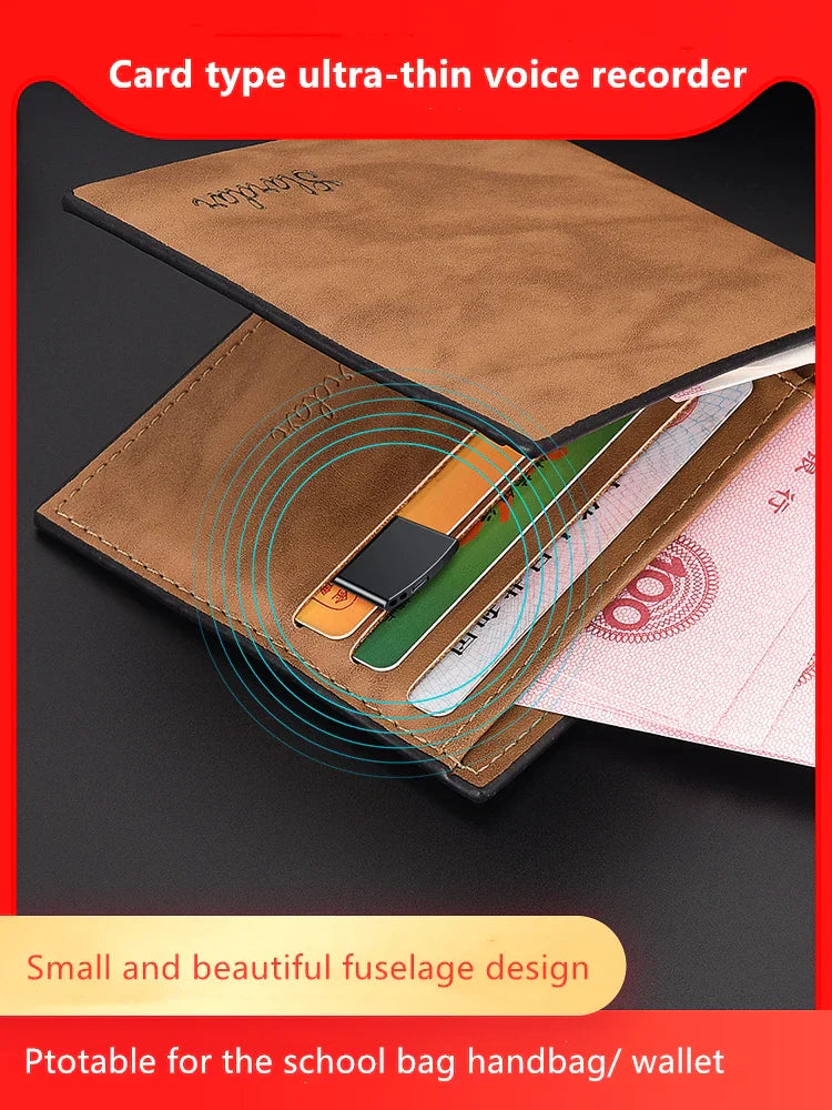 Brown leather dictaphone ultra card case with ultra-thin design and voice activated audio long distance encryption recording