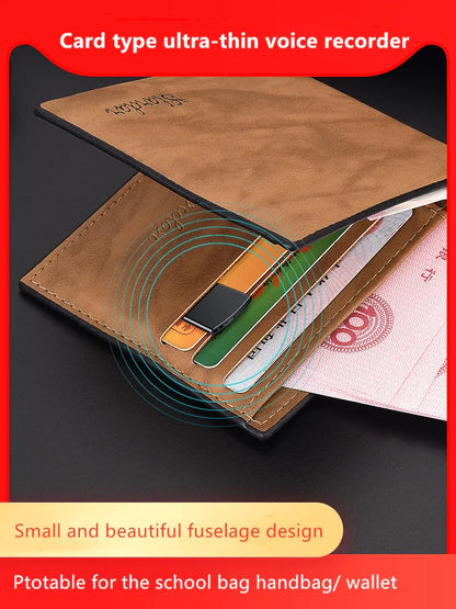 Brown leather dictaphone ultra card case with ultra-thin design and voice activated audio long distance encryption recording