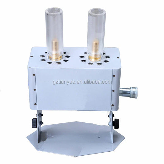 Silver metallic dual-tube co2 jet machine with transparent chambers and gold elements for disco dj equipment and dmx stage effect