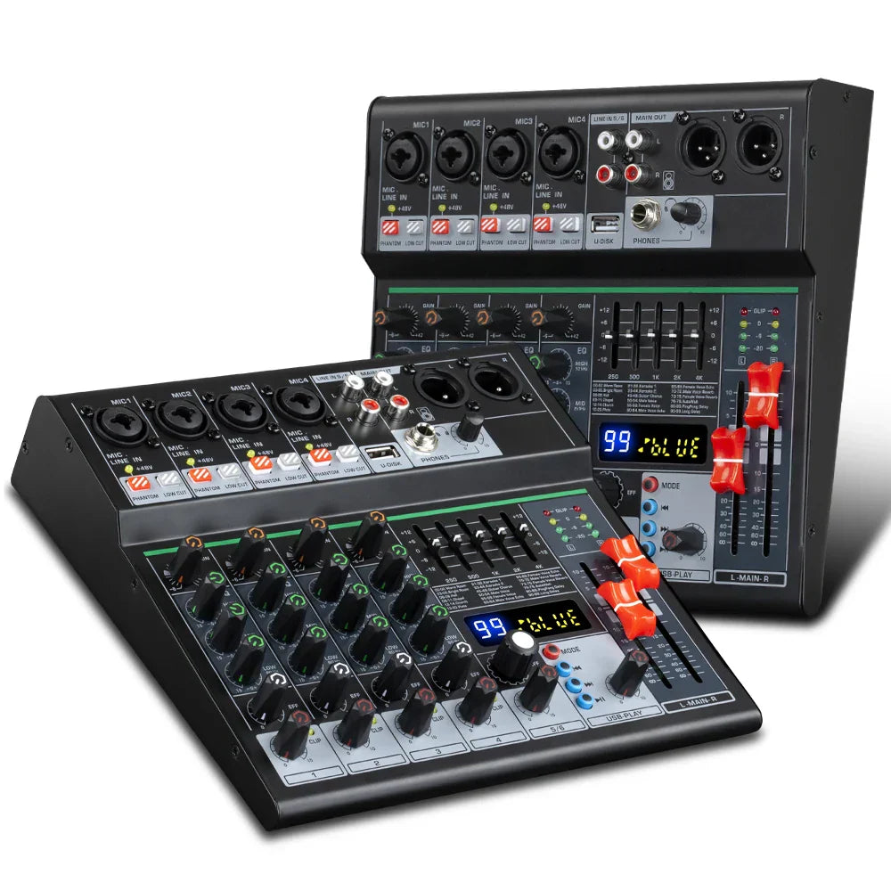 Black professional dj party channel audio mixer with green accents multiple input jacks and knobs for music recording singing