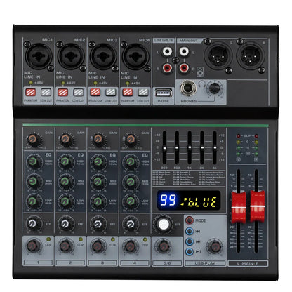 Professional dj party 6 channel black audio mixer console with green eq knobs red faders and digital display for music recording singing