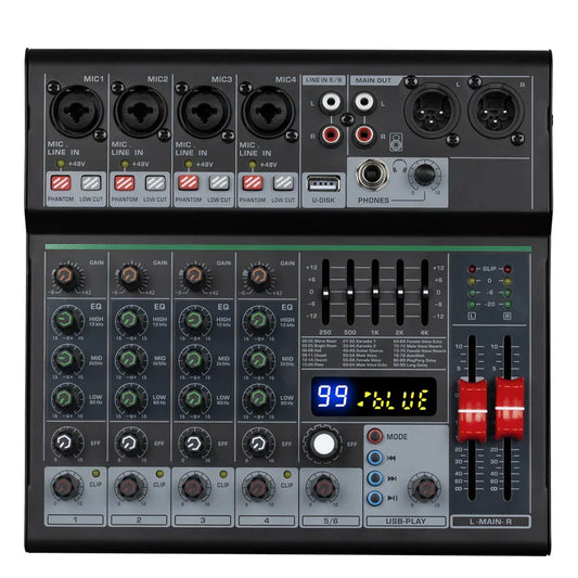 Professional dj party audio mixer console in black with green eq knobs red faders and digital display for music recording singing