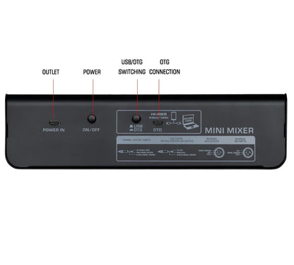 Black rectangular professional dj party 6 channel audio mixer console with labeled ports for music recording singing