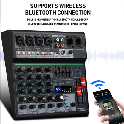 Black wireless bluetooth professional dj party 6 channel audio mixer with knobs multiple inputs and digital display for music recording singing