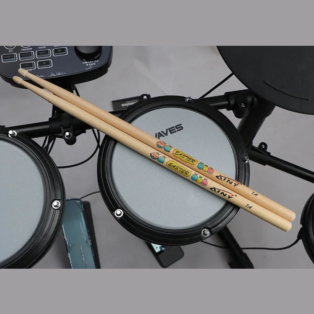 A pair of light wooden professional drum stick 5a walnut with colorful cartoon designs for musical instrument use