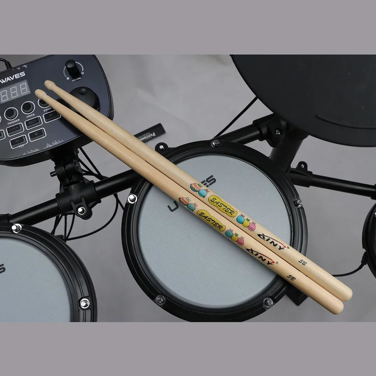 Light-colored professional drum stick 5a walnut wood with colorful cartoon egg design and kiny branding for musical instrument use