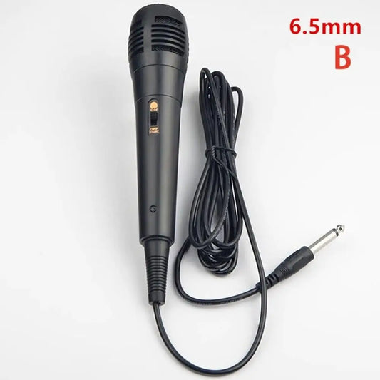 Black professional dynamic microphone with textured grip, gold switch, and 6.35mm audio jack for vocal mic portable use
