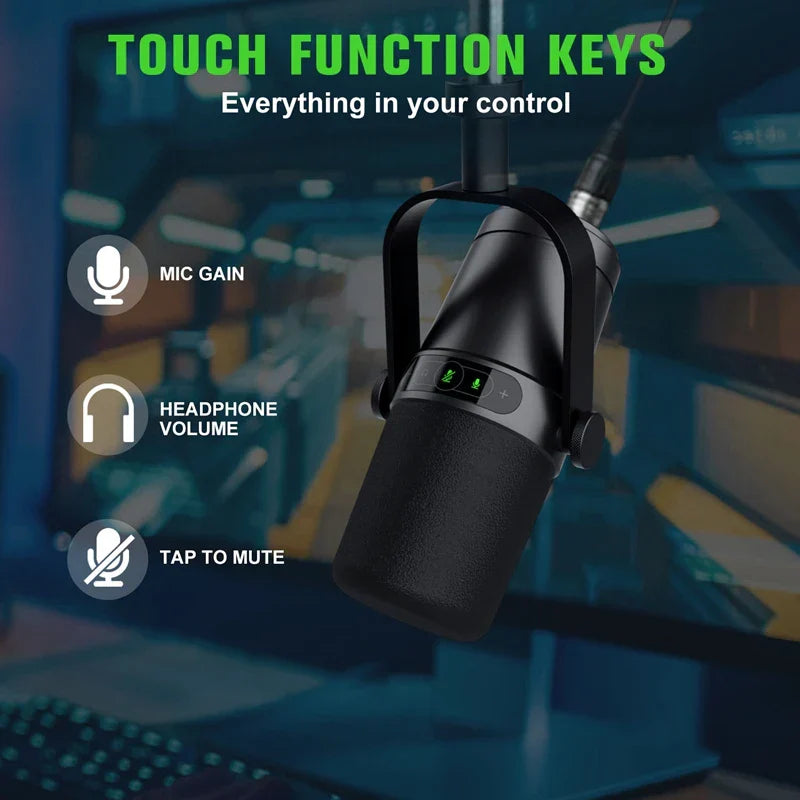 Black condenser microphone with touch keys for gain volume and mute designed for shure sm7b studio recording performance vocals