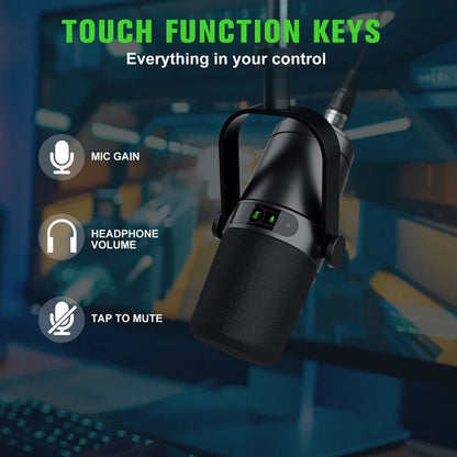 Black condenser microphone with touch keys for gain volume and mute designed for shure sm7b studio recording performance vocals