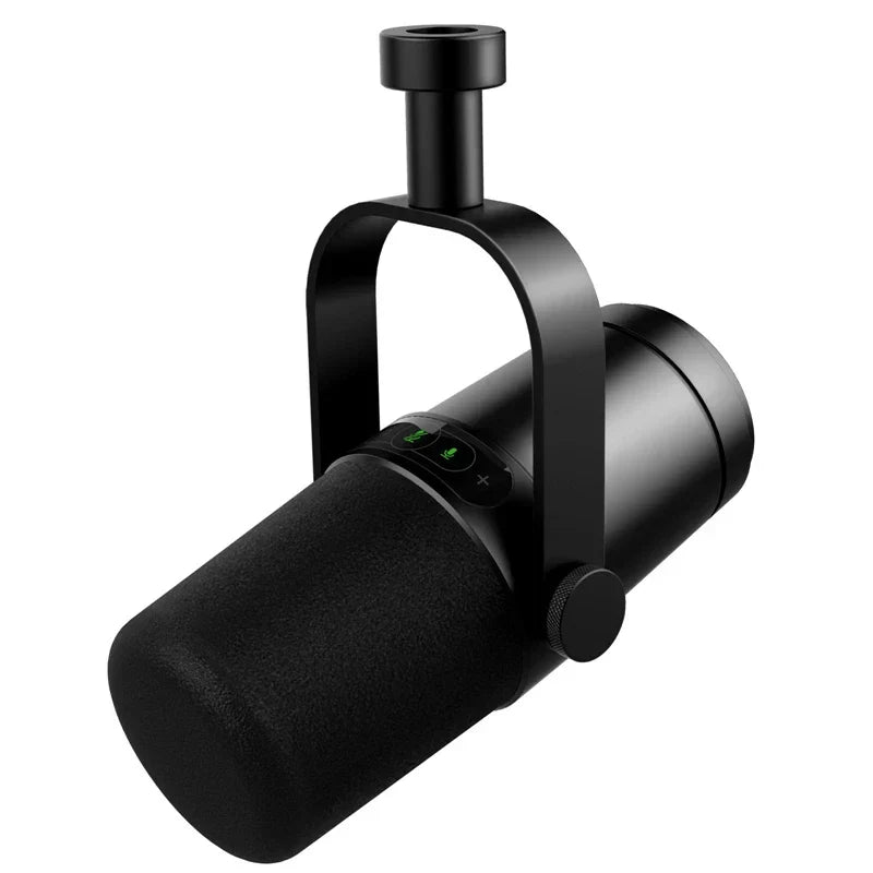 Black razer seiren x condenser microphone with matte finish and green led for studio recording performance vocals like shure sm7b