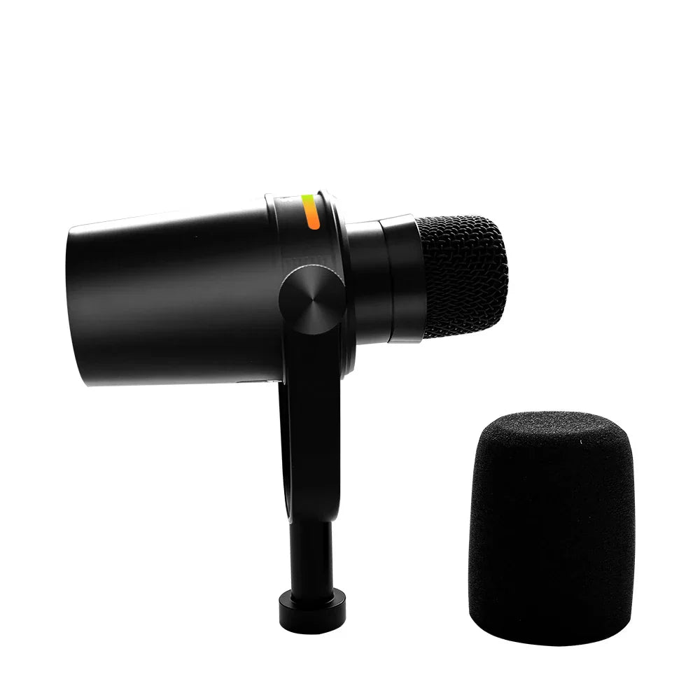 Professional dynamic podcast microphone in black with mesh grille, voice isolation technology, xlr connectivity, and foam windscreen