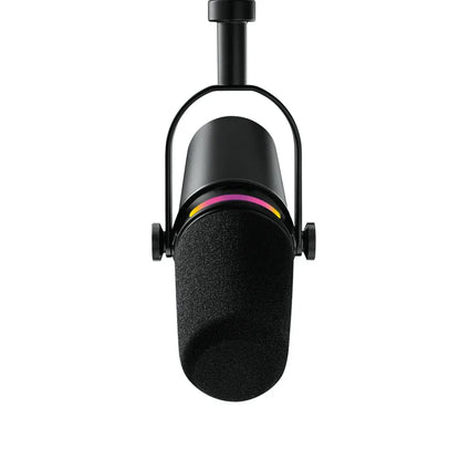 Black professional dynamic podcast microphone with voice isolation technology and xlr connectivity with rgb light ring